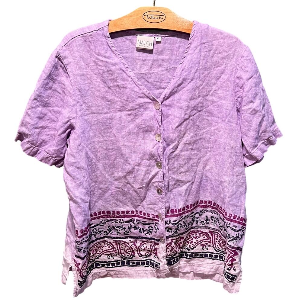 Vintage MATCH Linen Paisley Shirt XL Purple Boho Button Front Top